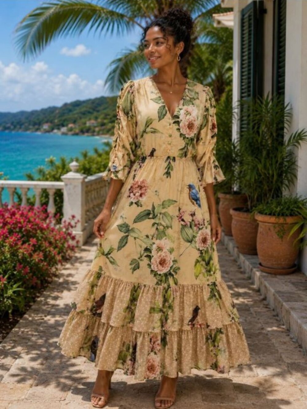 CAROLINA PINILLA Cream Ruffle Floral Bird High-Low Satin Cocktail Dress Sz Small